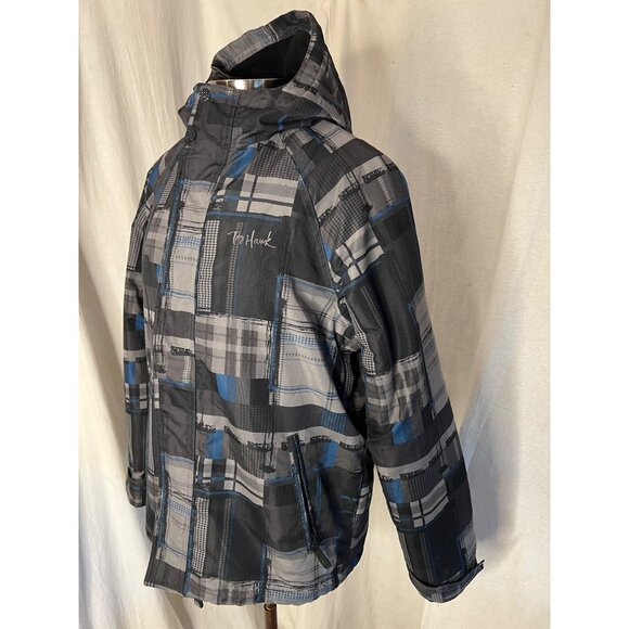 Tony, Hawk jacket medium plaid blue black hooded full-zip-pocket-under arm - Picture 2 of 16